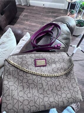 Calvin Klein Beige Logo Crossbody with Purple Trim and Gold Chain